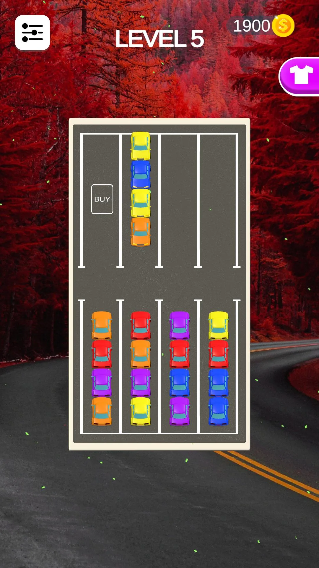 Игровое поле Parking Sort на фоне осеннего леса