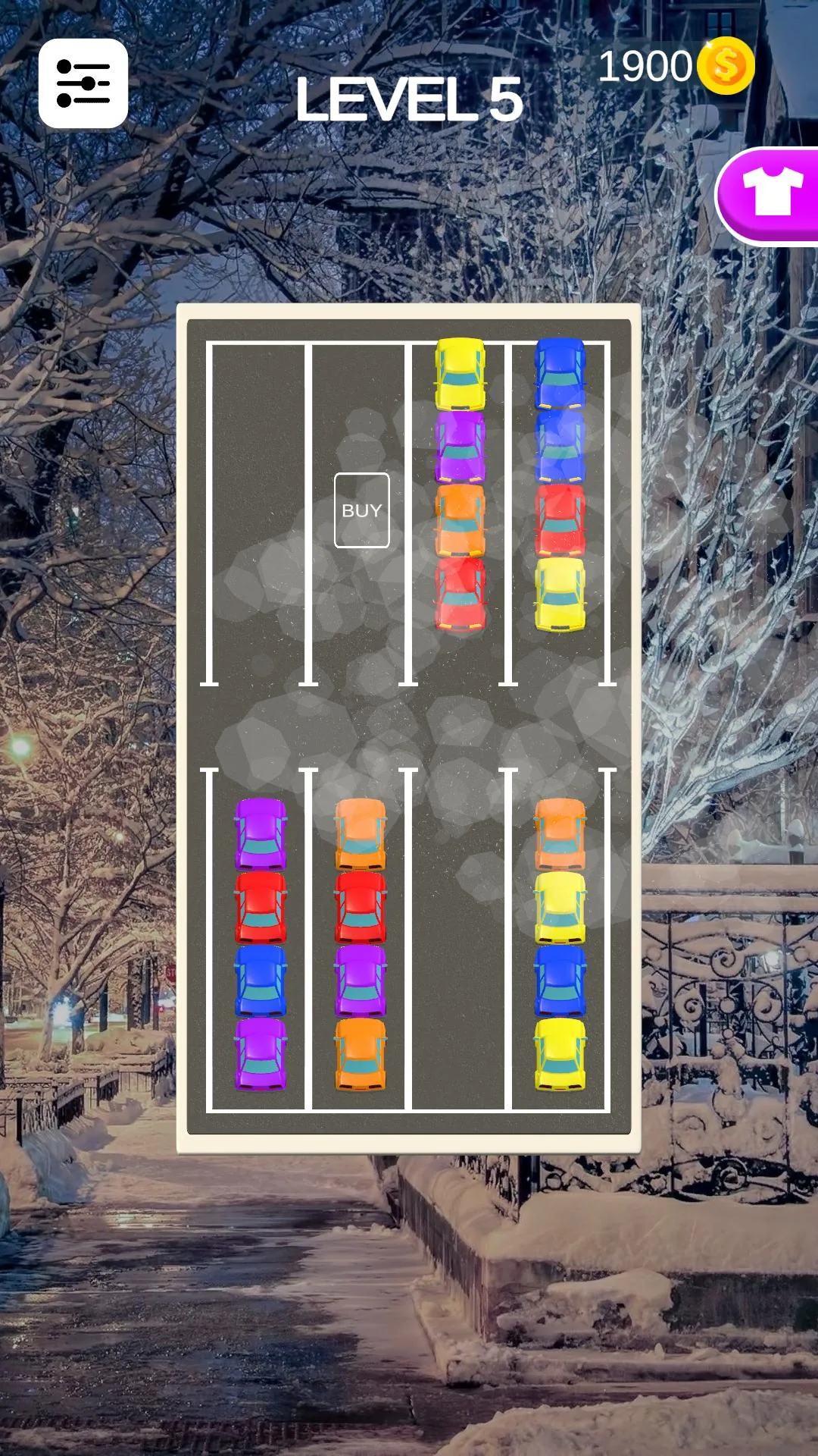 Игровое поле Parking Sort на фоне заснеженного парка